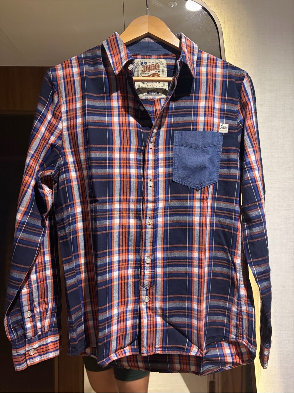 Vintage 💙🧡JNCO Streetwear Denim & Orange Plaid Button-Up Shirt 💙🧡